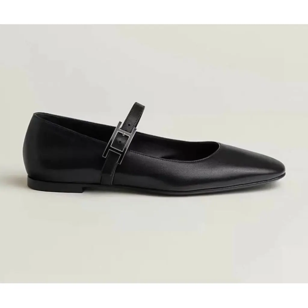 Hermes Black Leather Ballet Flats Black Leather Very good - Model View
