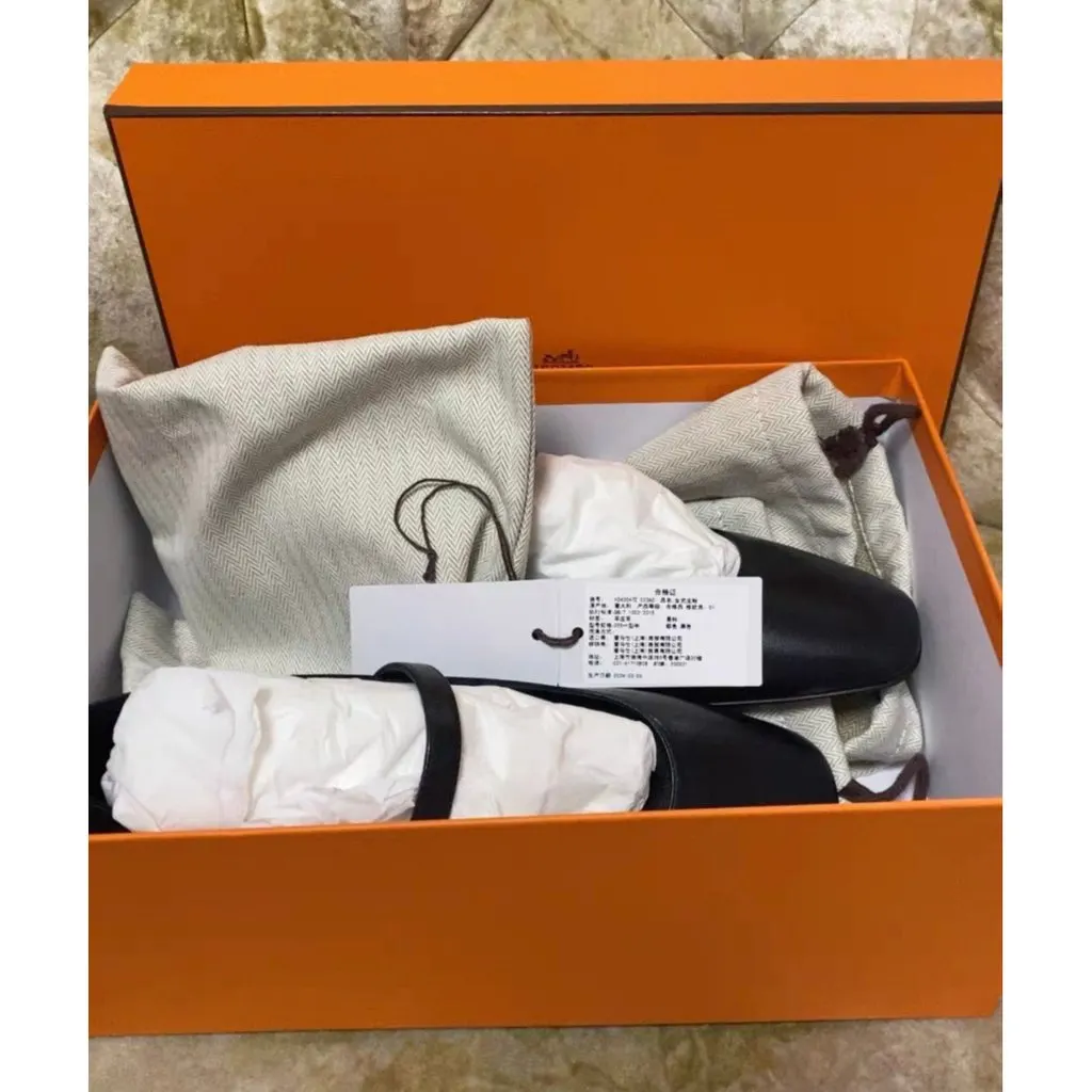 Hermes Black Leather Ballet Flats Black Leather Very good - Box View