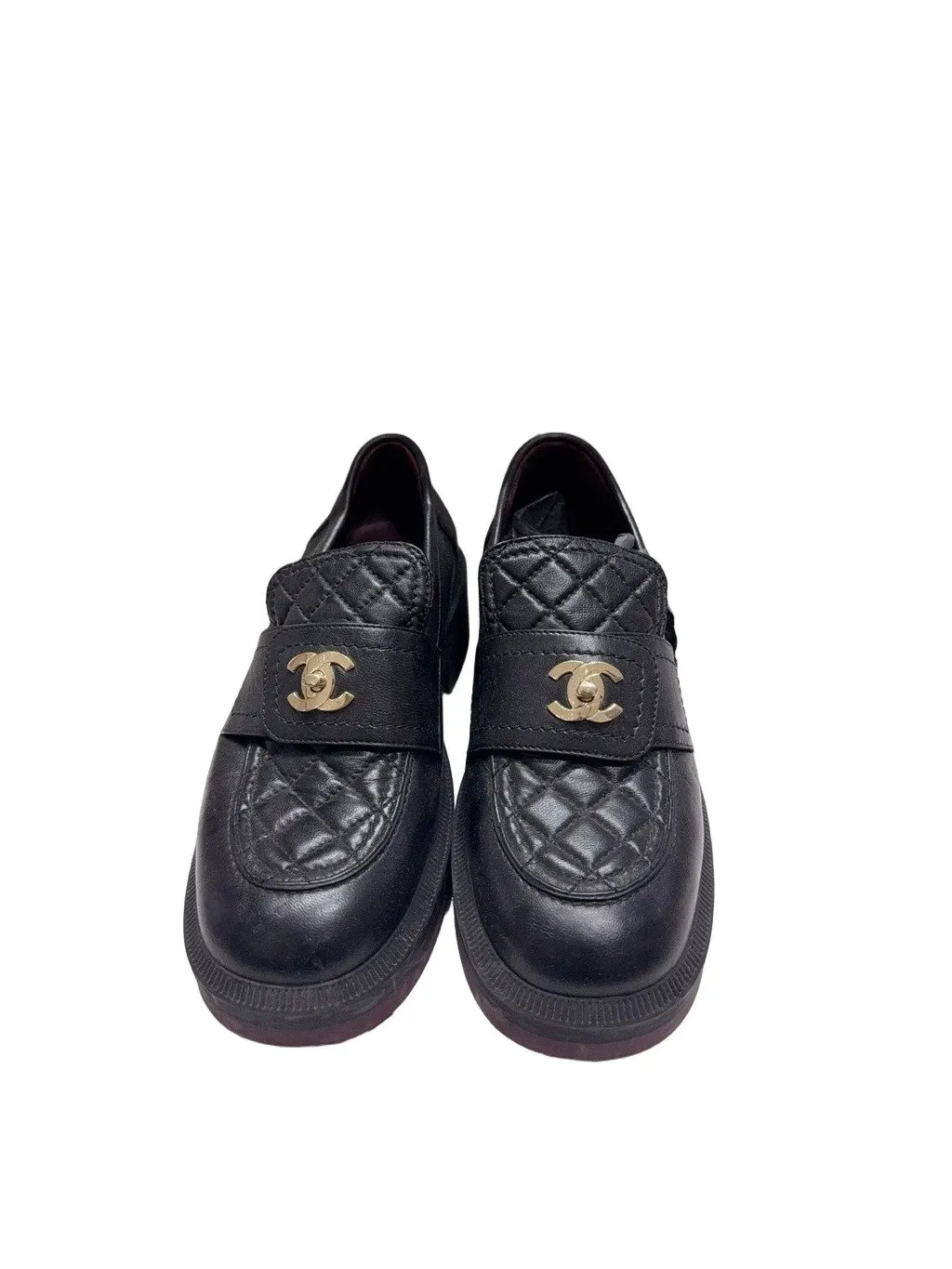 Chanel Black Leather Flat Shoes Black Leather Good - Front View