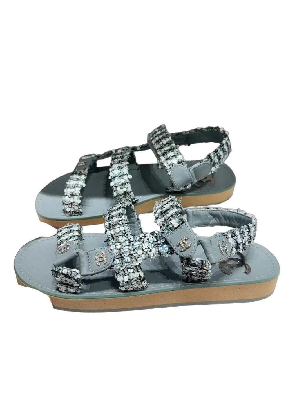 Chanel Green Tweed Sandals Green Tweed Very good - Front View