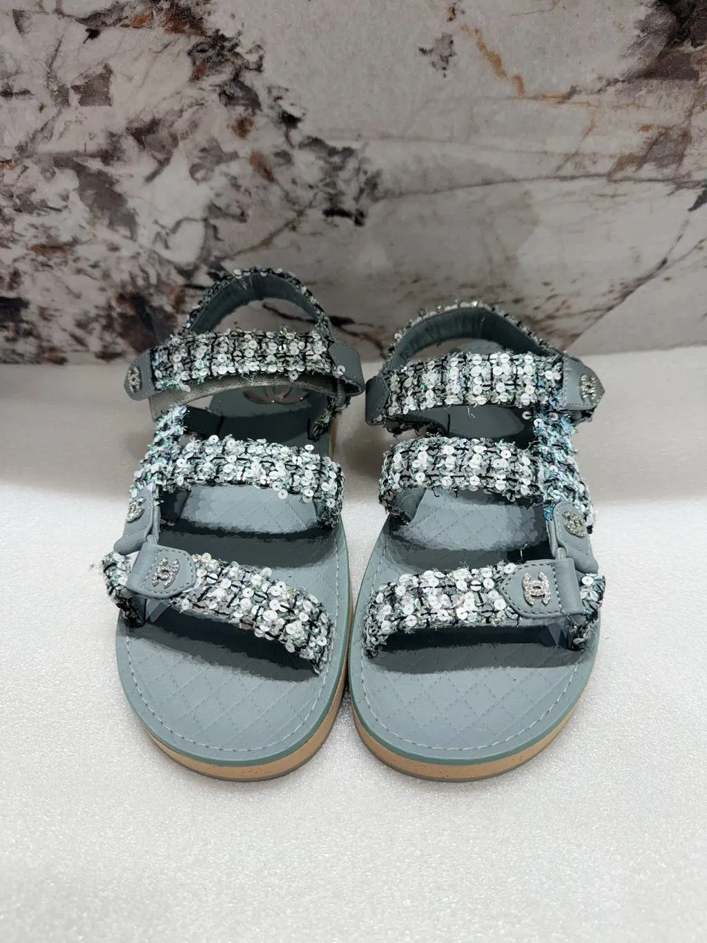 Chanel Green Tweed Sandals Green Tweed Very good - Back View