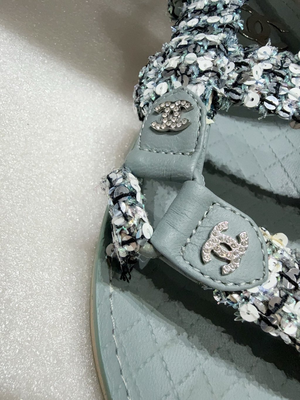 Chanel Green Tweed Sandals Green EU 37.5 Tweed | Pre-Owned D