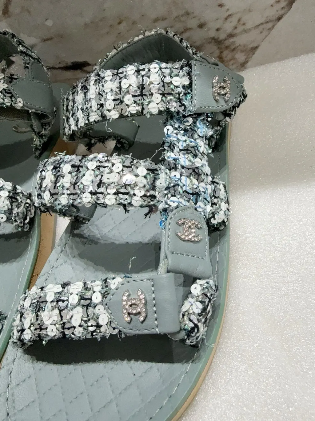 Chanel Green Tweed Sandals Green Tweed Very good - Model View
