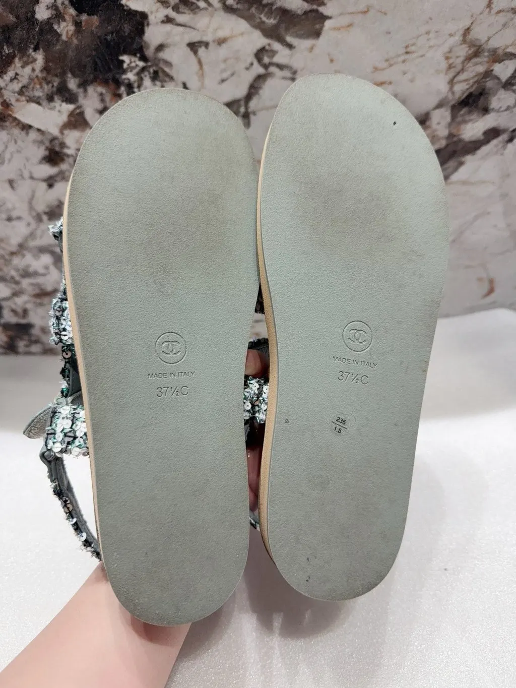 Chanel Green Tweed Sandals Green EU 37.5 Tweed | Pre-Owned D
