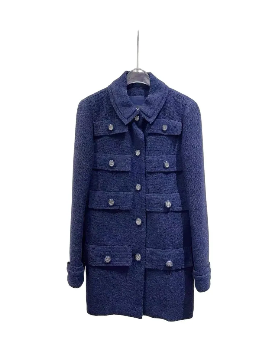 Chanel Navy Tweed Coat Navy Tweed Very good - Front View