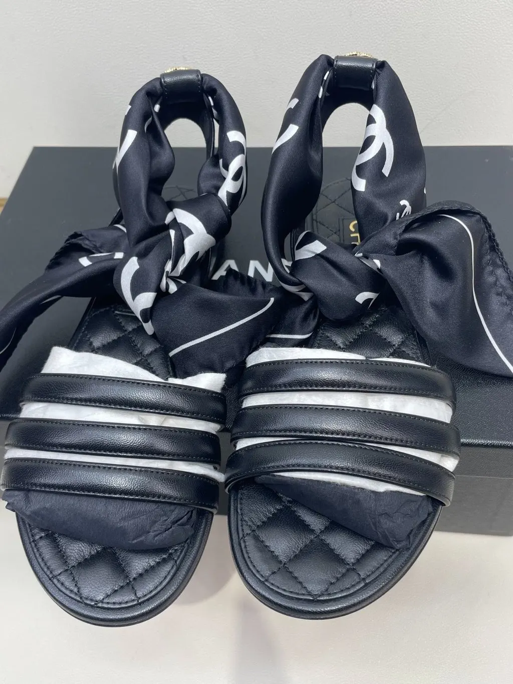Chanel Black Fabric Sandals Black Never worn - Box View