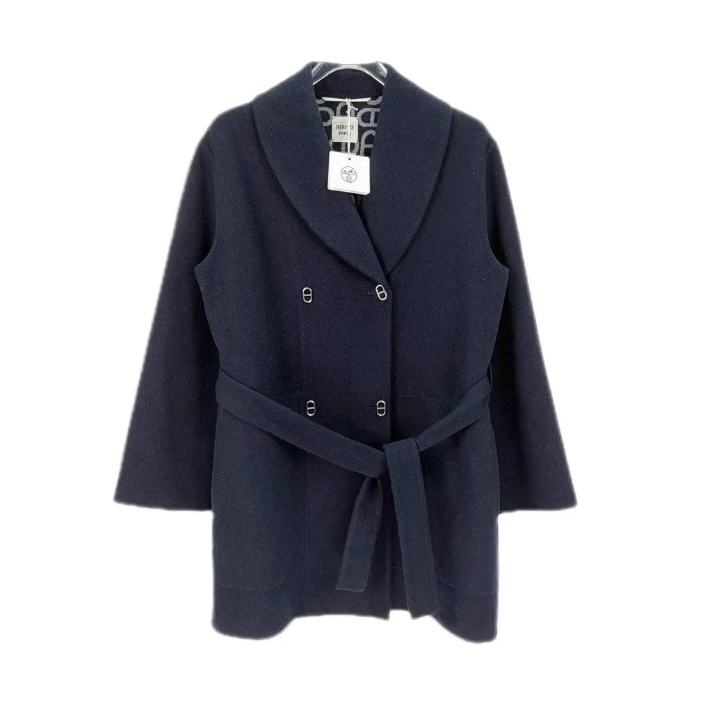 Hermès Navy Wool Coat Navy Wool Never worn, with tag - Front View