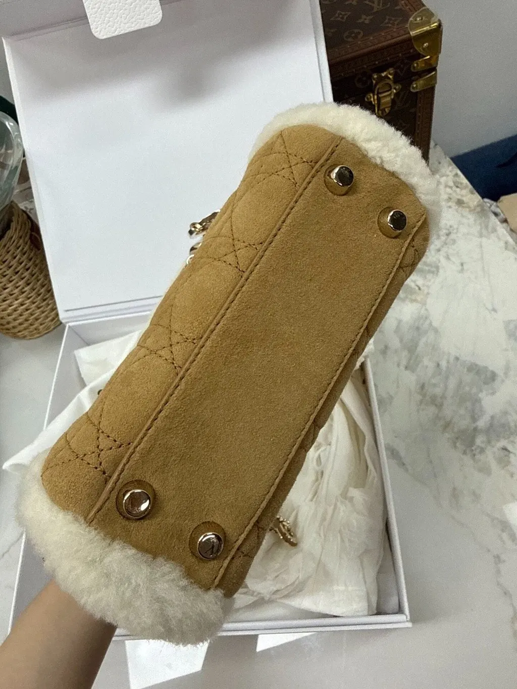 Dior Lady Dior Beige Suede Handbag Beige Suede Never worn - Model View