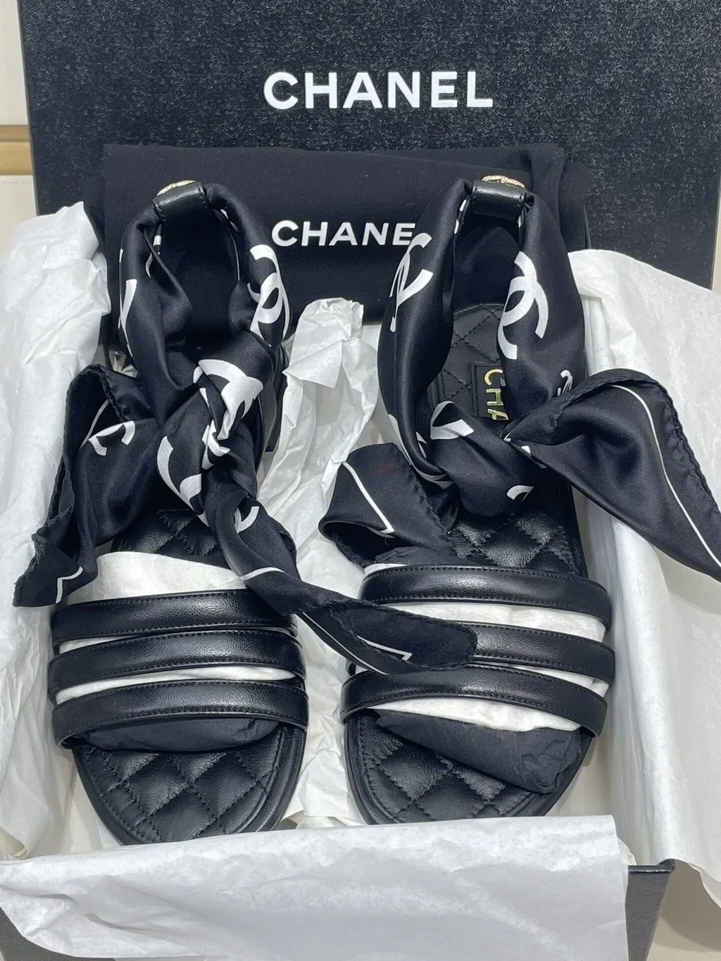 Chanel Black Fabric Sandals Black Very good - Inside View