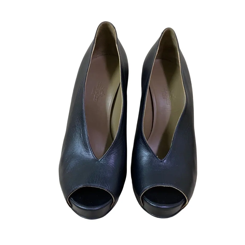 Hermès Hermes Florida Size 37 Black Leather Peep Toe Pumps Black Very good - Front View