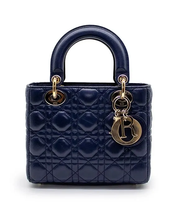 Dior Navy Blue Color Small Lady Dior Lambskin Leather Satchel Bag Blue Leather Very good - Front View