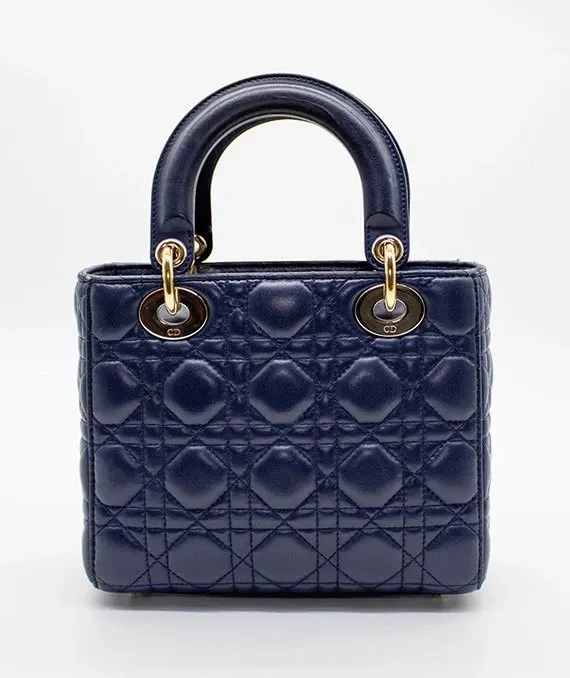 Dior Navy Blue Color Small Lady Dior Lambskin Leather Satchel Bag Blue Leather Very good - Back View