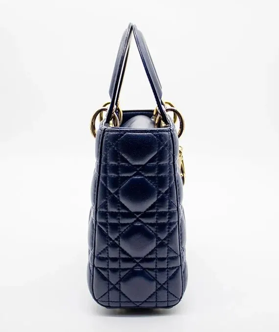 Dior Navy Blue Color Small Lady Dior Lambskin Leather Satchel Bag Blue Leather Very good - Model View