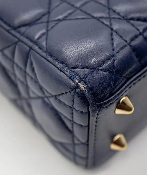 Dior Navy Blue Color Small Lady Dior Lambskin Leather Satchel Bag Blue Leather Very good - Box View