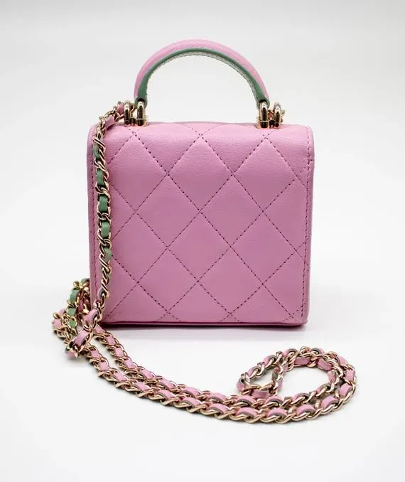 Chanel Pink & Green Lambskin Mini Matresse Top Handle Bag with Gold Hardware Green Leather Very good - Back View