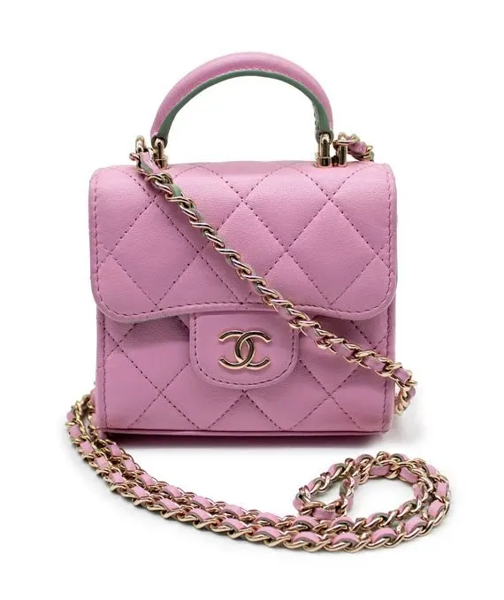Chanel Pink & Green Lambskin Mini Matresse Top Handle Bag with Gold Hardware Green Leather Very good - Front View