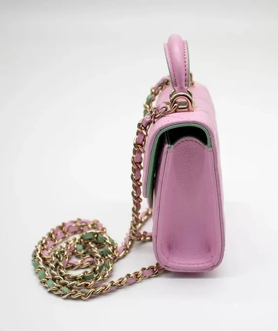 Chanel Pink & Green Lambskin Mini Matresse Top Handle Bag with Gold Hardware Green Leather Very good - Inside View