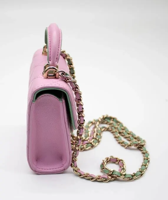 Chanel Pink & Green Lambskin Mini Matresse Top Handle Bag with Gold Hardware Green Leather Very good - Model View