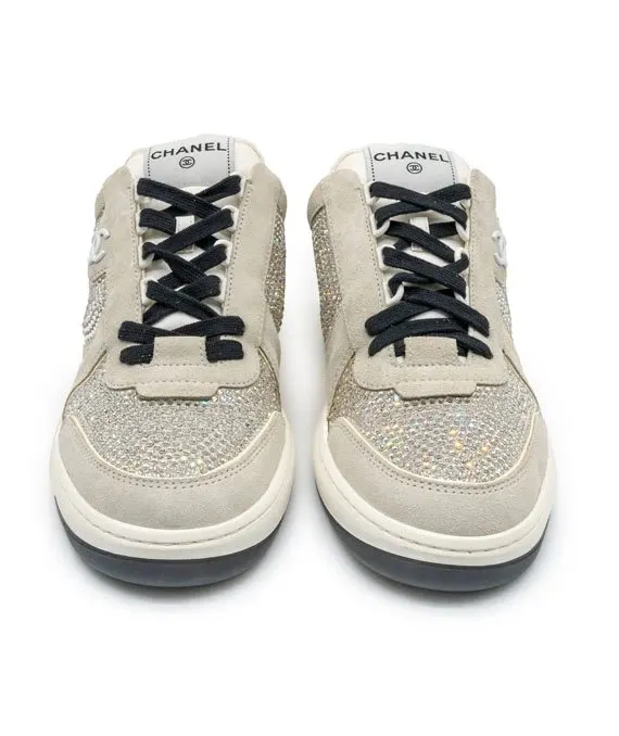 Chanel Size 41 23C Silver Grey Crystals CC Logo Suede Sneakers Silver Suede Very good - Front View