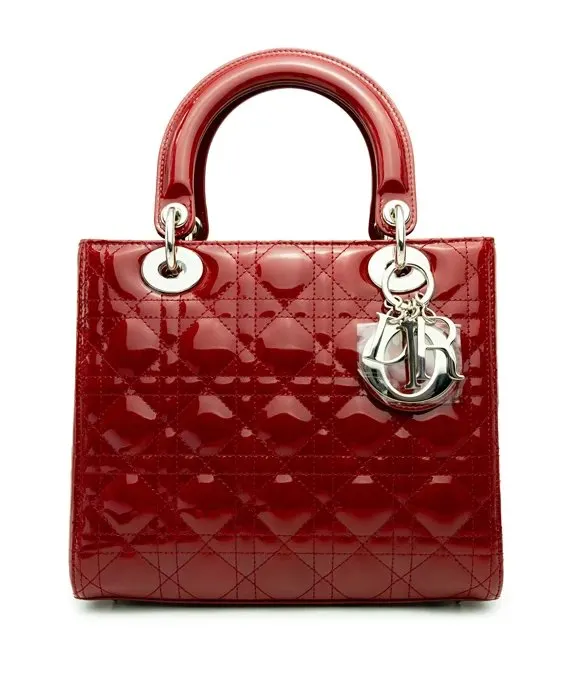 Dior Cherry Red Color Cannage Patent Leather Medium Lady Dior Satchel Bag Red Leather Never worn - Front View