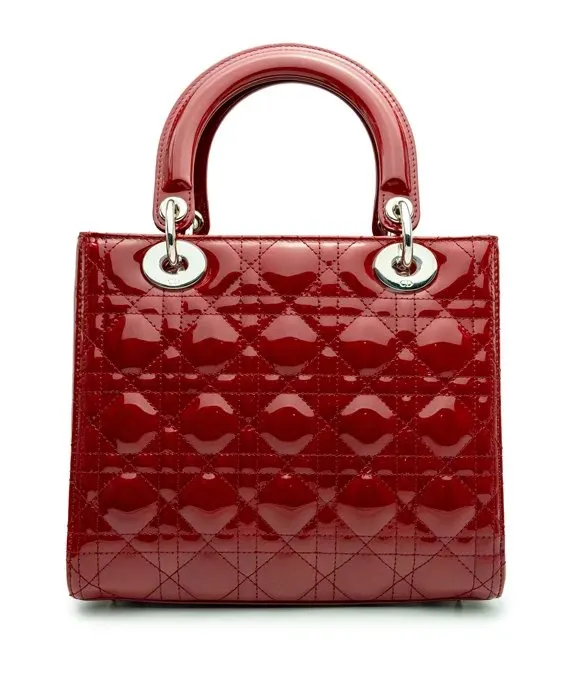 Dior Cherry Red Color Cannage Patent Leather Medium Lady Dior Satchel Bag Red Leather Never worn - Back View