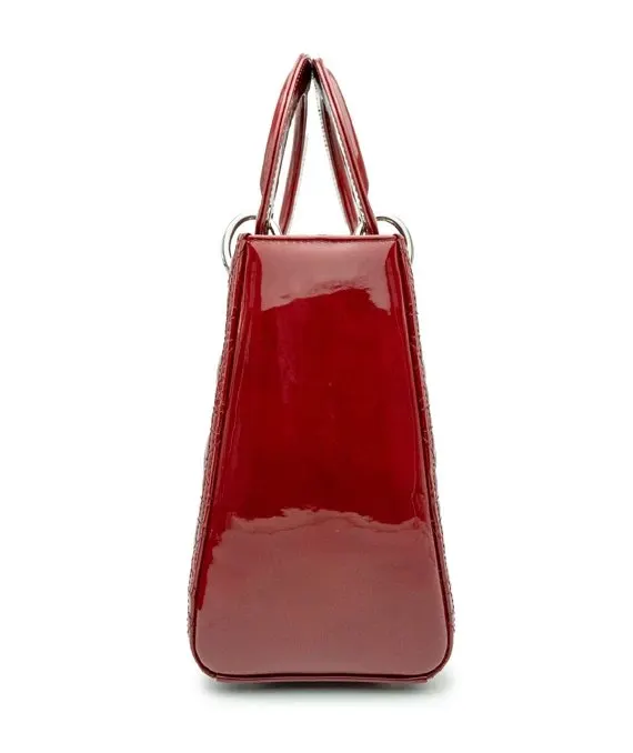 Dior Cherry Red Color Cannage Patent Leather Medium Lady Dior Satchel Bag Red Leather Never worn - Inside View