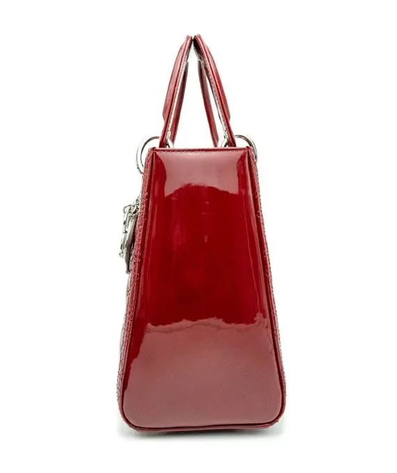 Dior Cherry Red Color Cannage Patent Leather Medium Lady Dior Satchel Bag Red Leather Never worn - Model View