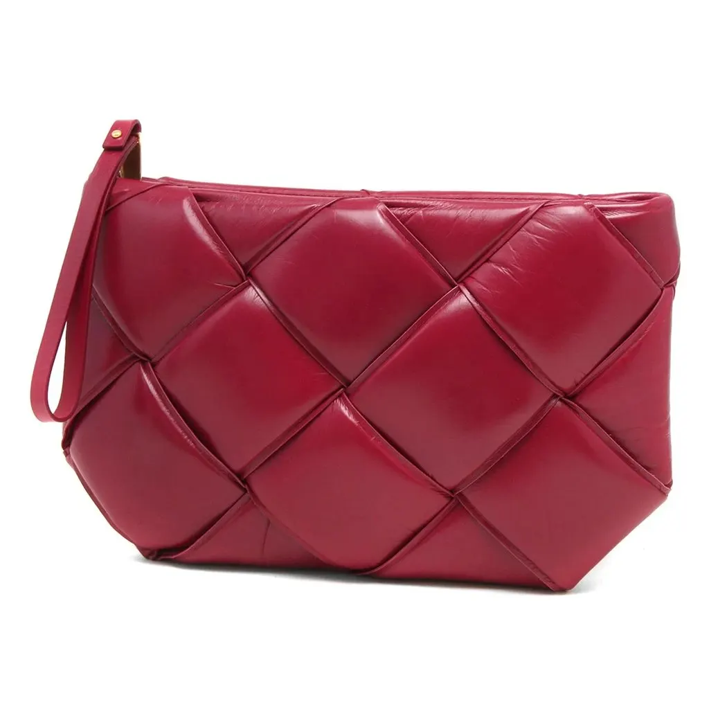Bottega Veneta Amaranth Leather Maxi Intrecciato Padded Clutch Burgundy Leather Very good - Front View