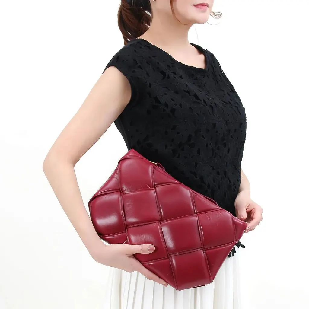 Bottega Veneta Amaranth Leather Maxi Intrecciato Padded Clutch Burgundy Leather Very good - Model View