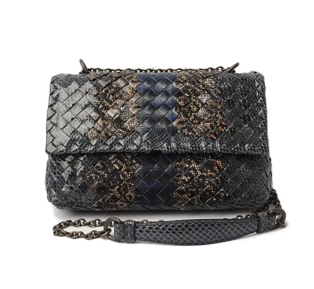Bottega Veneta Grey/Navy Blue Intrecciato Snakeskin Olimpia Shoulder Bag Grey Leather Very good - Front View