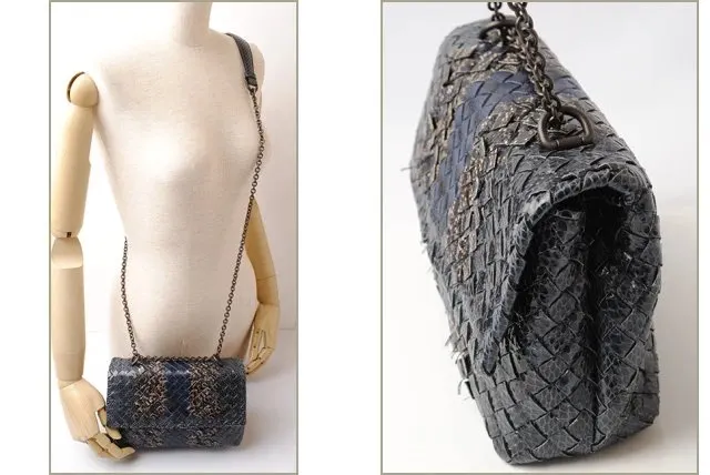 Bottega Veneta Grey/Navy Blue Intrecciato Snakeskin Olimpia Shoulder Bag Grey Leather Very good - Back View