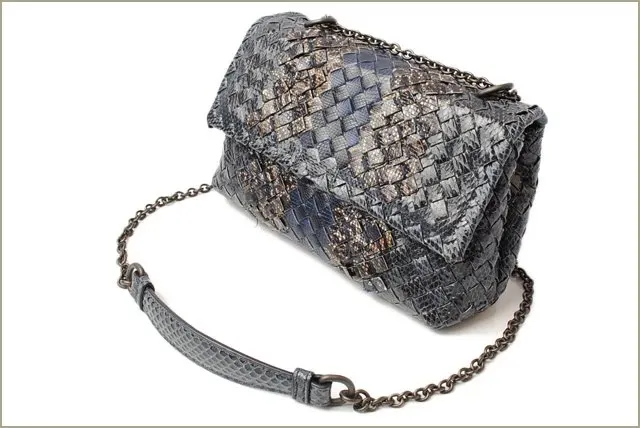 Bottega Veneta Grey/Navy Blue Intrecciato Snakeskin Olimpia Shoulder Bag Grey Leather Very good - Inside View