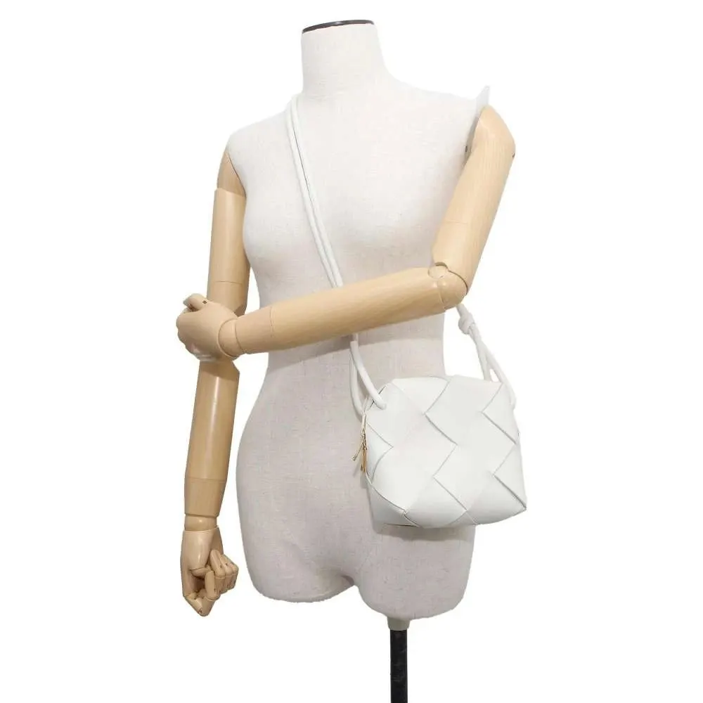 Bottega Veneta White Intreccio Leather Mini Cassette Camera Crossbody Bag White Leather Very good - Model View