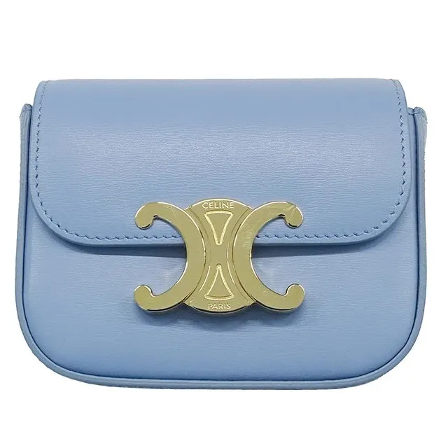 Celine Mini Triomphe Shiny Calfskin Celeste Light Blue Shoulder Bag Blue Leather Good - Front View
