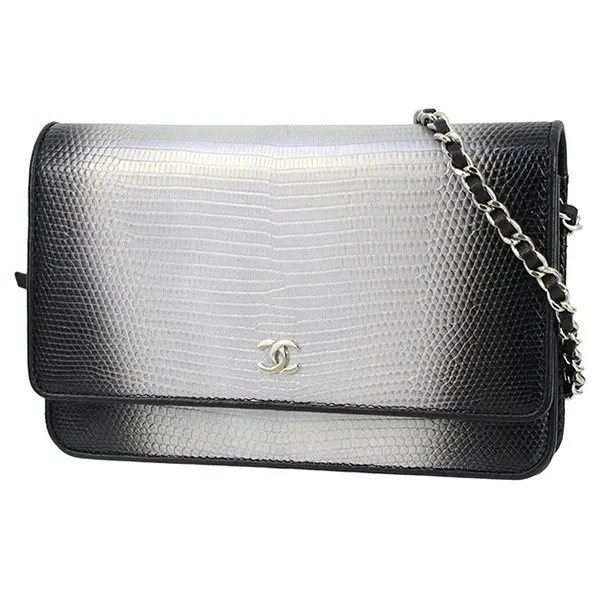Chanel Black and Silver Lizard Skin Wallet On Chain Bag Silver Leather Very good - Front View