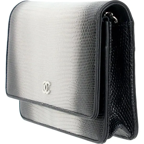Chanel Black and Silver Lizard Skin Wallet On Chain Bag Silver Leather Very good - Inside View