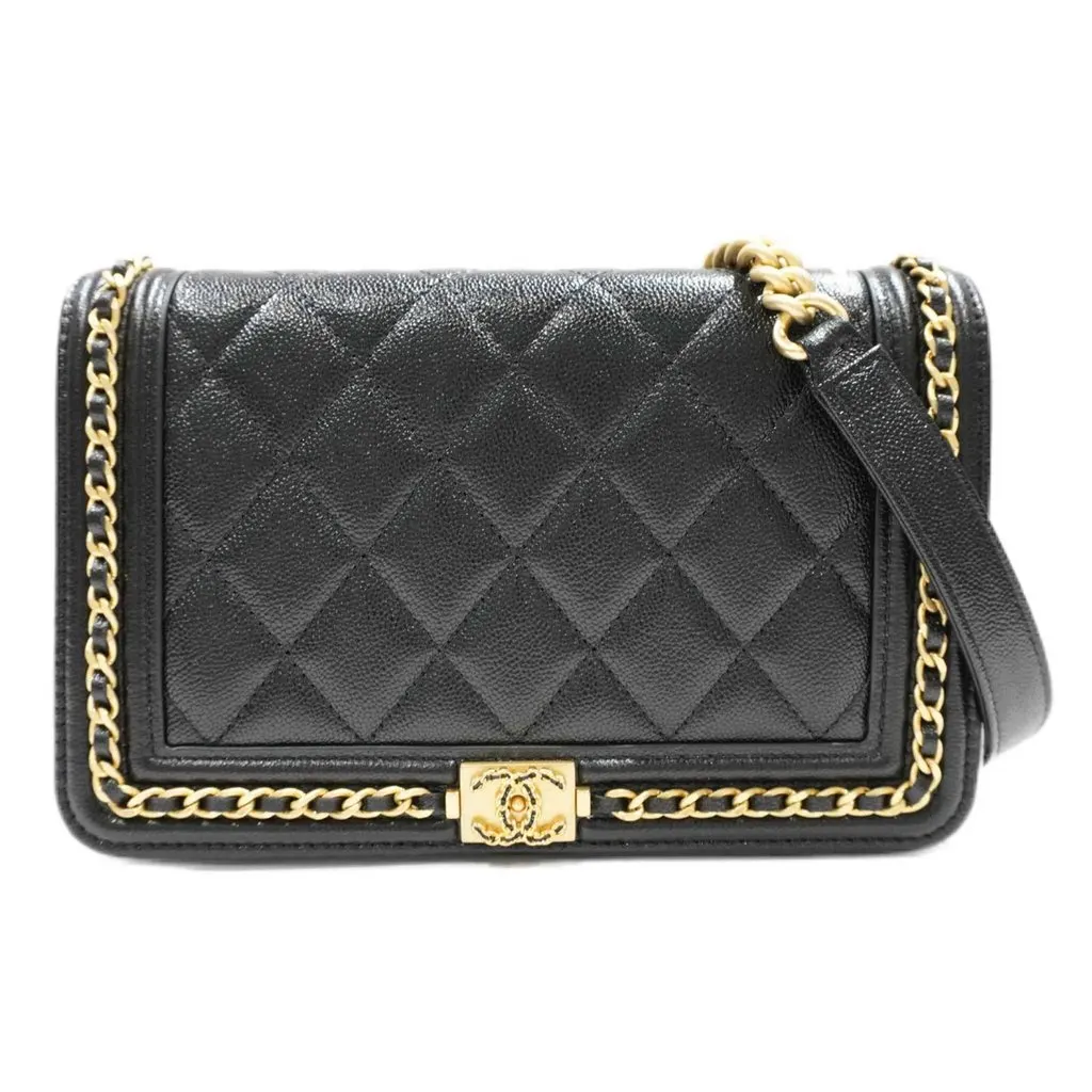 Chanel Black Caviar Leather Chain Shoulder Bag Black Leather Never worn - Front View