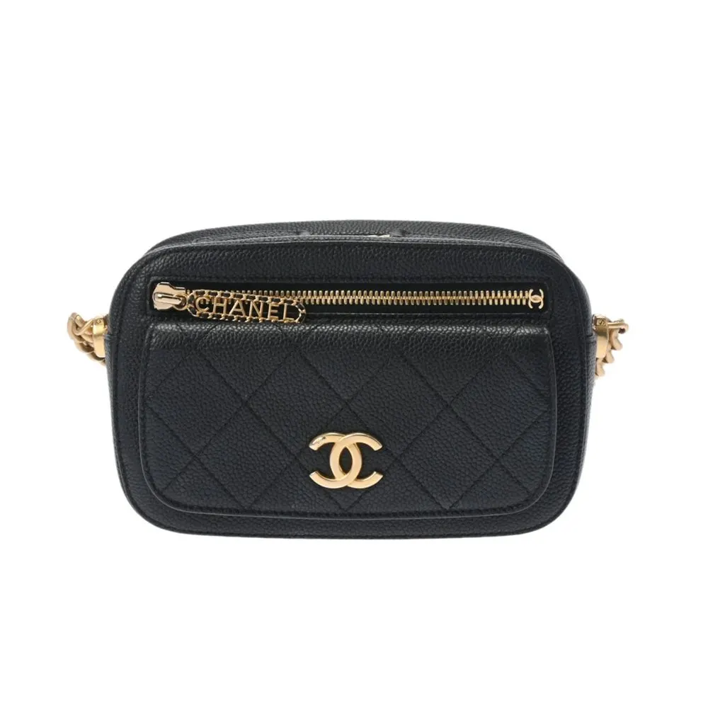 Chanel Black Caviar Leather Chain Shoulder Bag Black Leather Very good - Front View