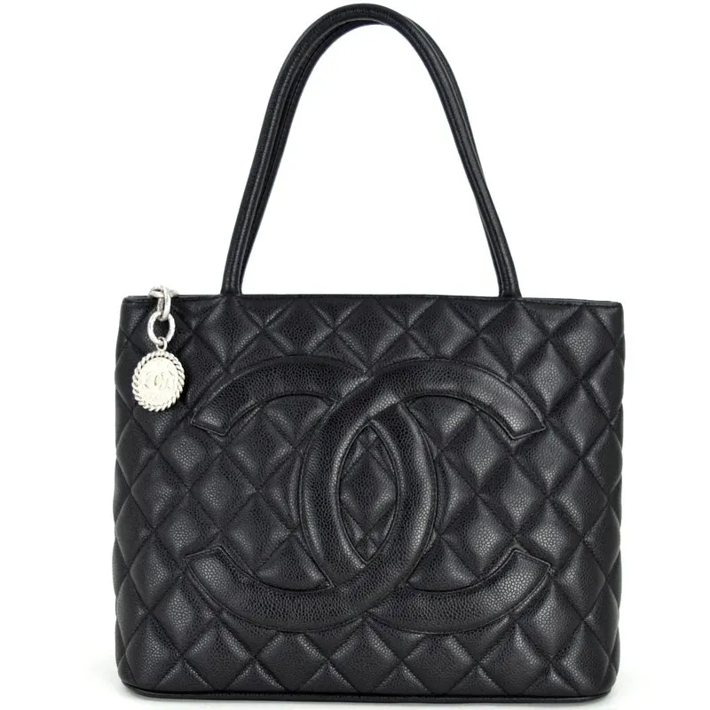 Chanel Black Caviar Medallion Tote Bag Black Leather Very good - Front View