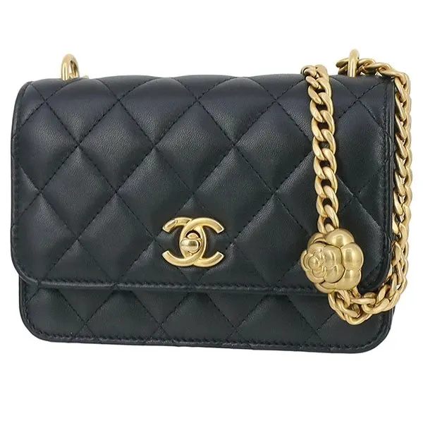 Chanel Black Lambskin Leather Mini 23s Camellia Crush Wallet on Chain Bag Black Leather Very good - Front View