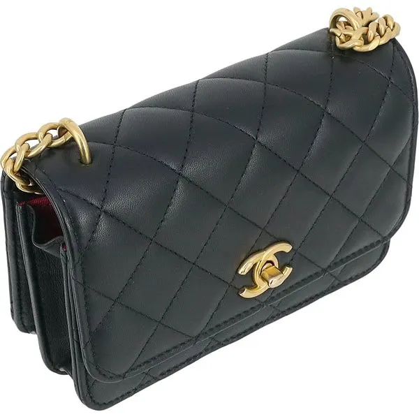 Chanel Black Lambskin Leather Mini 23s Camellia Crush Wallet on Chain Bag Black Leather Very good - Model View