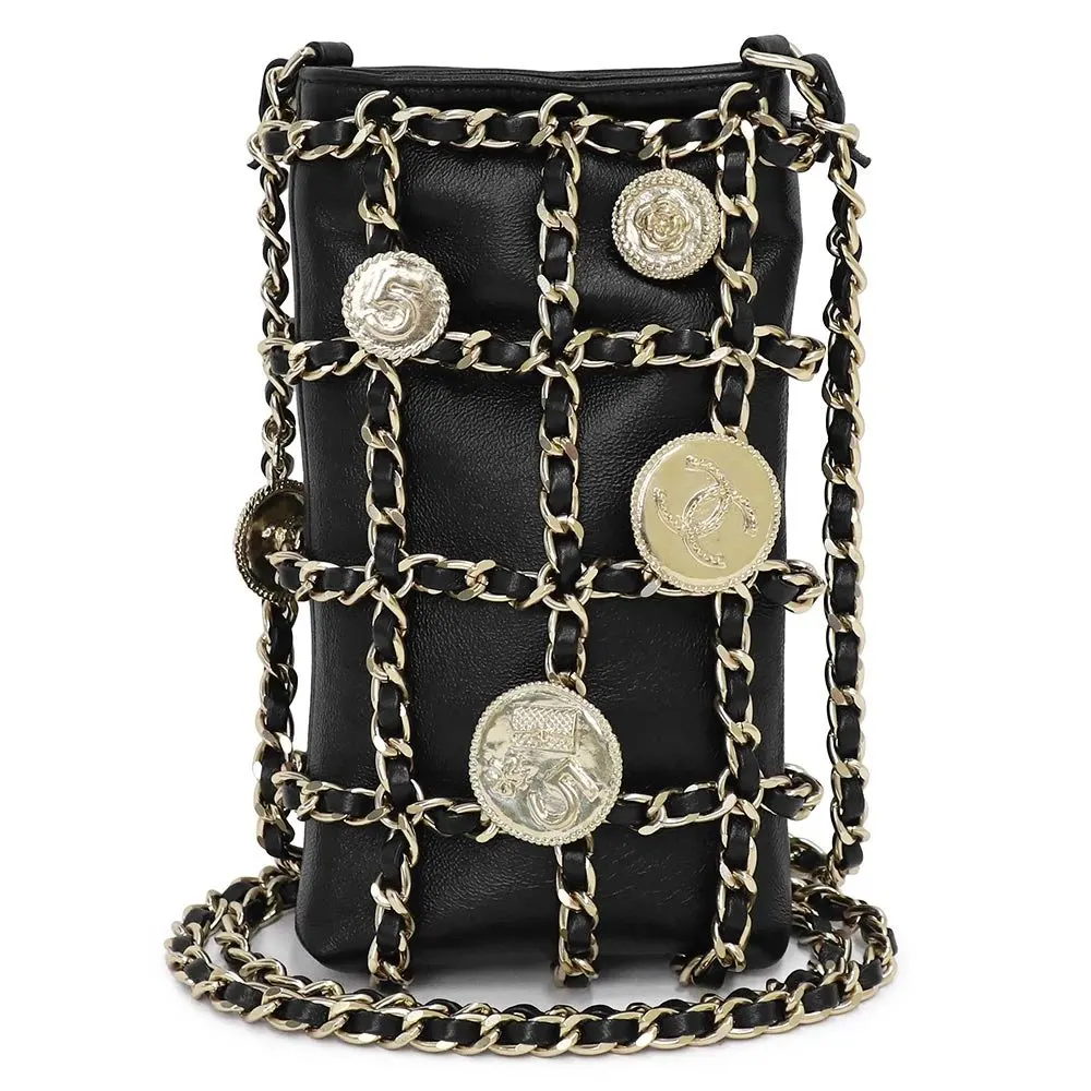 Chanel Black Lambskin Leather Phone Case Coin Shoulder Bag Black Leather Very good - Front View
