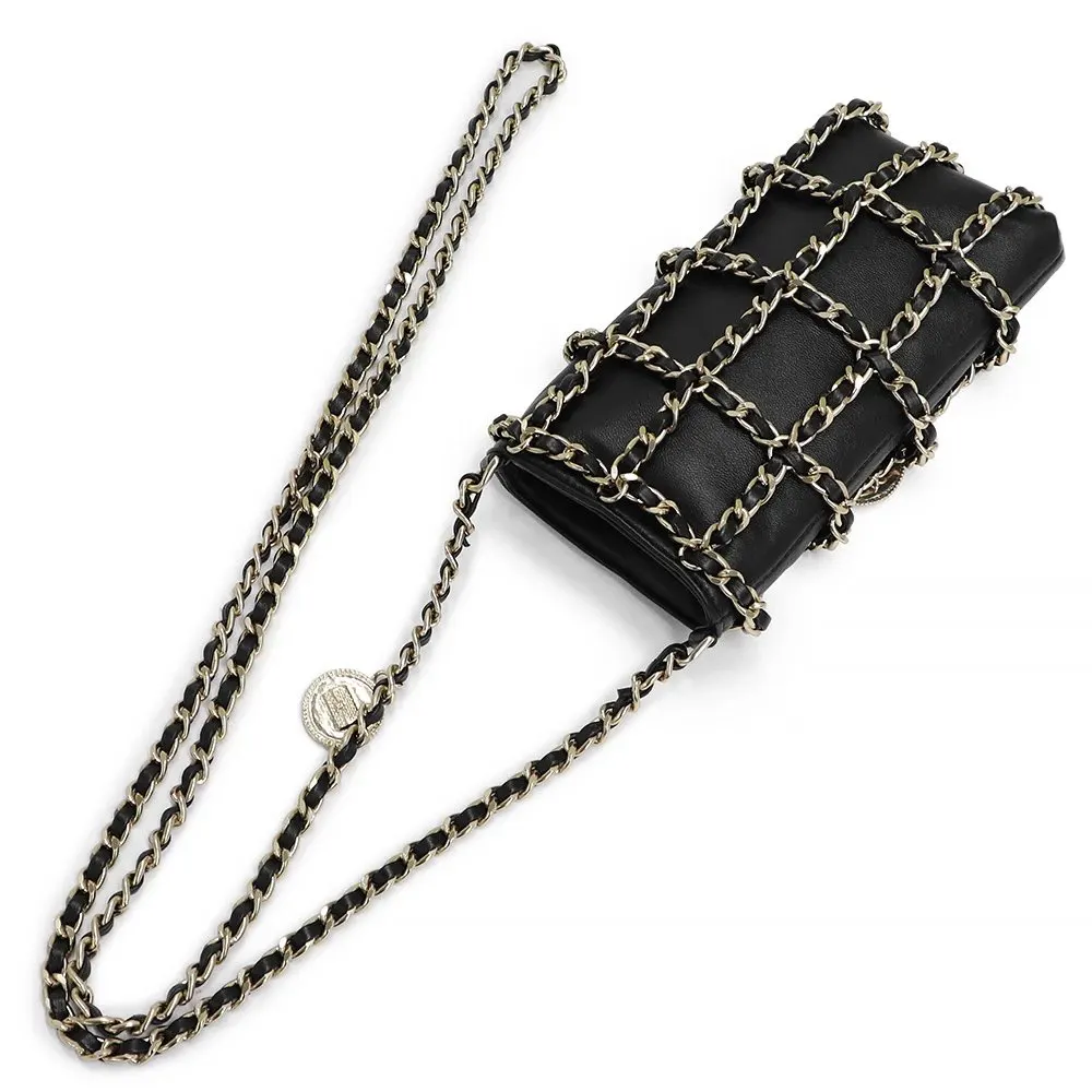 Chanel Black Lambskin Leather Phone Case Coin Shoulder Bag Black Leather Very good - Model View