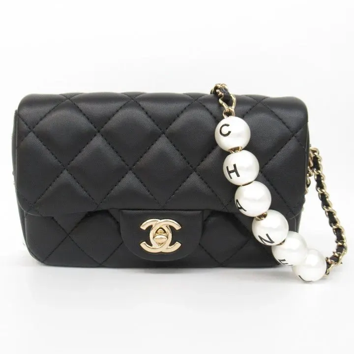Chanel Black Lambskin Quilted Mini My Precious Pearls Chain Shoulder Bag Black Leather Very good - Front View