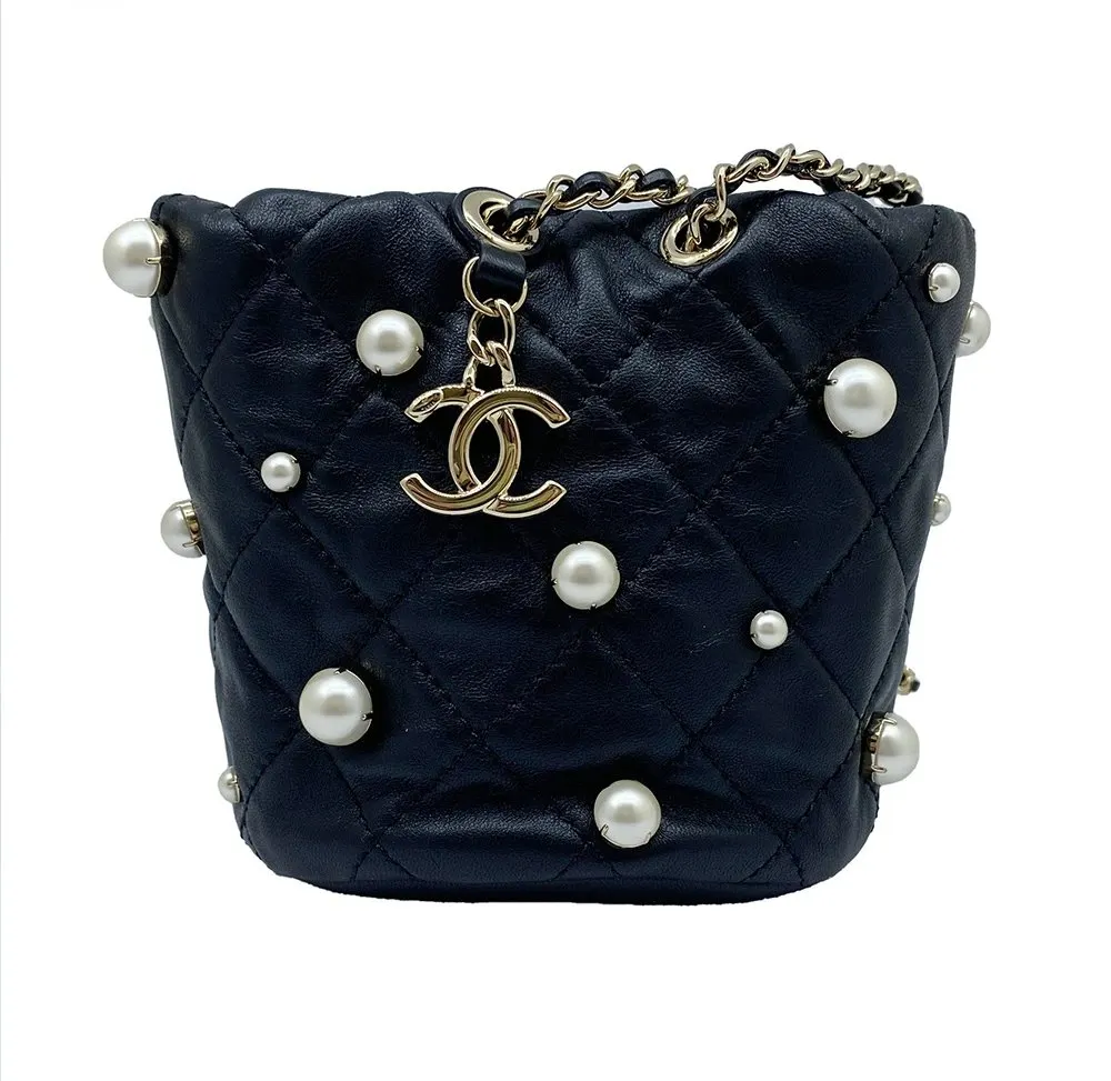 Chanel Black Lambskin Quilted Pearl Mini About Pearl Drawstring Bag Black Leather Very good - Back View