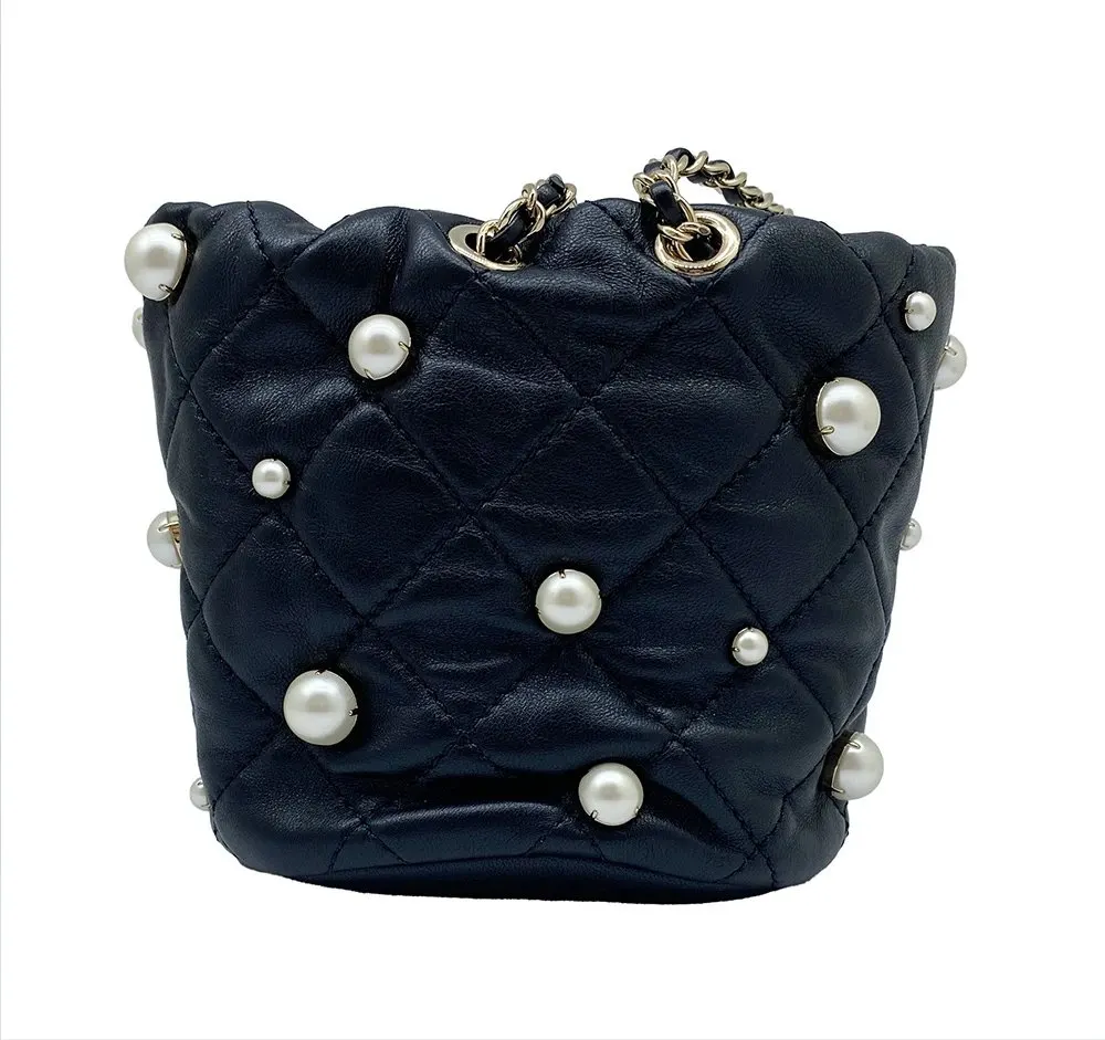 Chanel Black Lambskin Quilted Pearl Mini About Pearl Drawstring Bag Black Leather Very good - Inside View
