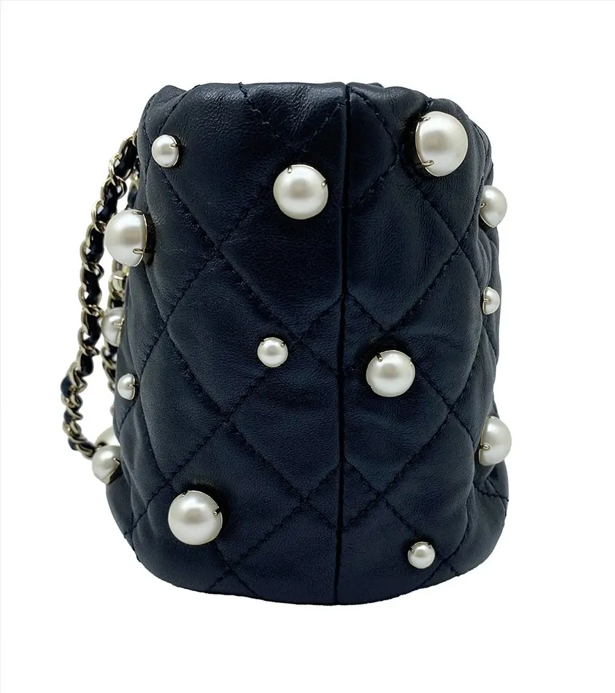 Chanel Black Lambskin Quilted Pearl Mini About Pearl Drawstring Bag Black Leather Very good - Box View