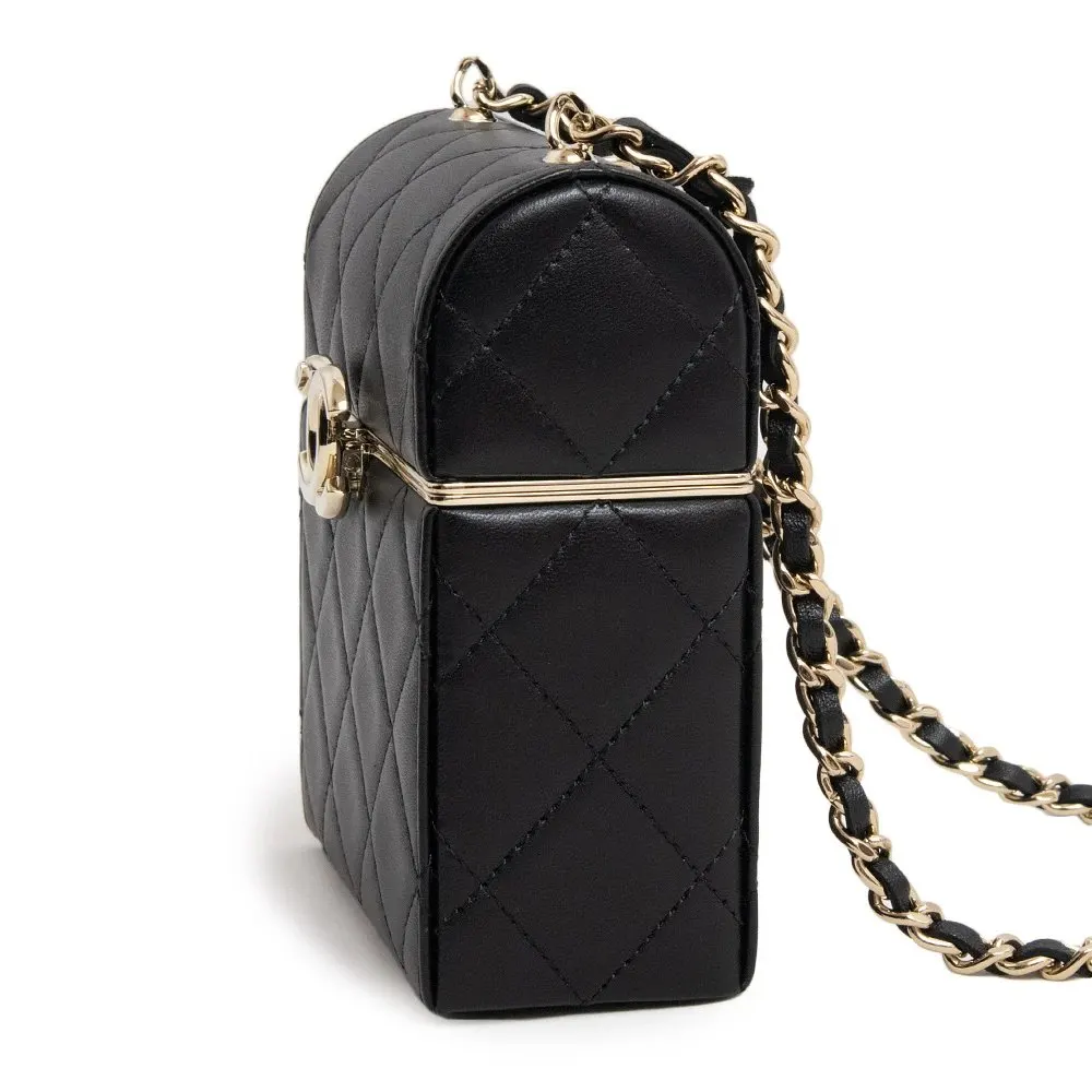 Chanel Black Quilted Lambskin Box Chain Vanity Shoulder Bag Black Leather Never worn - Model View