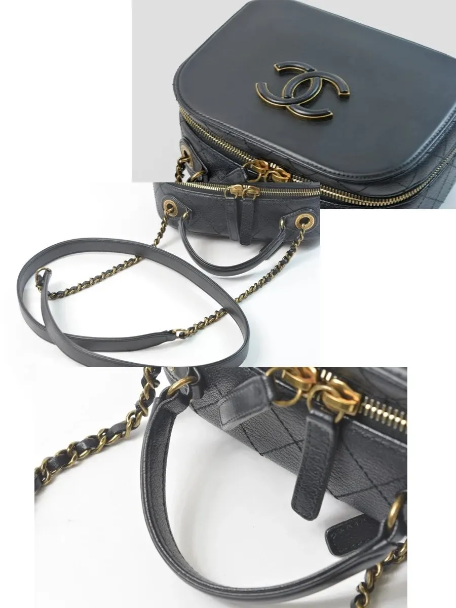 Chanel Black Quilted Leather Vanity Case Shoulder Bag Black Leather Very good - Inside View