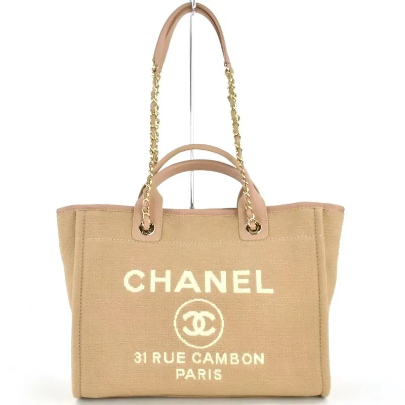 Chanel Deauville Medium Size Beige Color Canvas Tote Bag Beige Canvas Very good - Front View